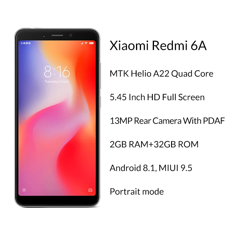 Глобальная версия Xiaomi Redmi 6A 2 ГБ 32 Android 8 1 смартфон 5 45 ''полный экран Helio A22