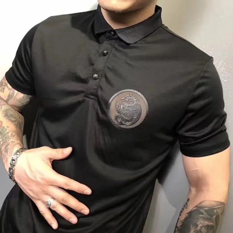 

Summer Fashion New Mens Short Sleeve Turn Down Collar Tees Top Punk Style Animal Embroidery Slim Black Plus Size Male T-Shirts