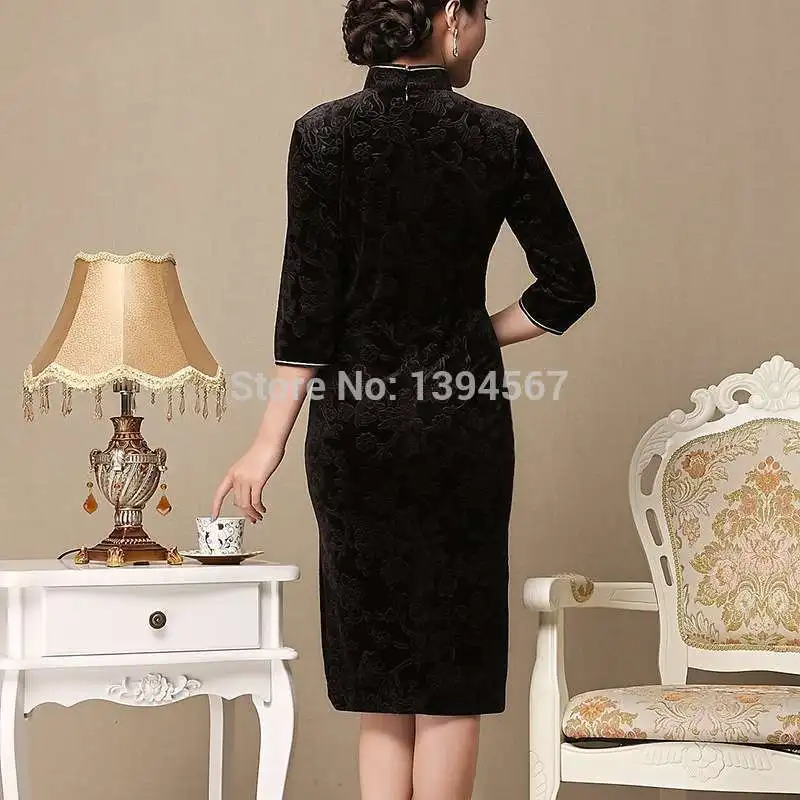 2015 Best Gift For Mother Traditional Chinese Clothing Qipao Black Velvet Women Cheongsams Formal/Daily One-piece Dress S-XXXL |