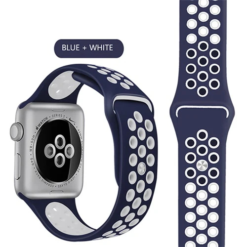 Blue White Эластичный дышащий Силикон Спортивный ремешок для Apple Watch 5 4 3 2 1 42 мм 38 мм резиновые ремешки для Nike+ Iwatch 4 3 40 мм 44 мм - Цвет ремешка: Blue White
