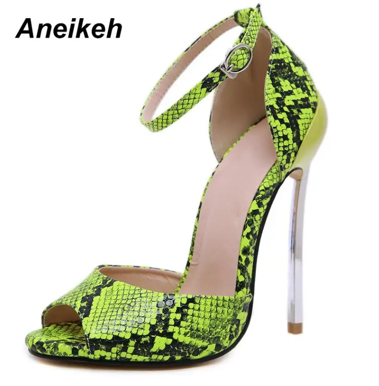 Green Aneikeh/ г., новые женские сандалии-гладиаторы на каблуке Дамская змеиная обувь с принтом и открытым носком женские пикантные Летние босоножки на высоком каблуке, размер 42 - Color: Green