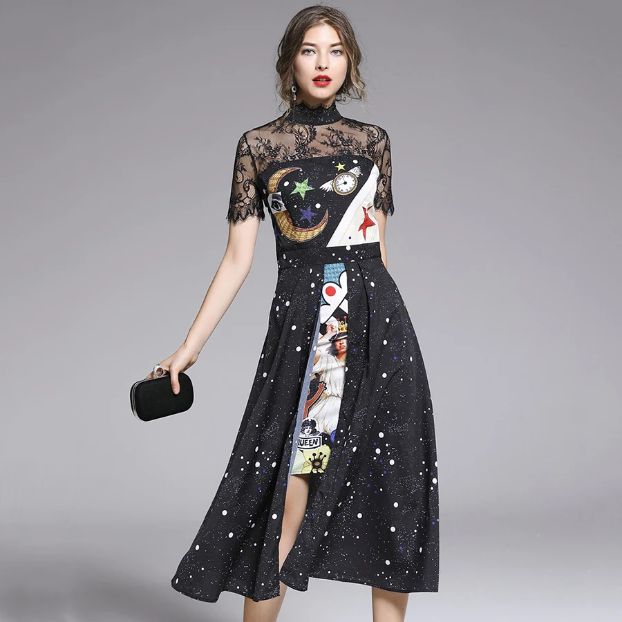 Женское кружевное лоскутное платье с коротким рукавом и воротником-стойкой