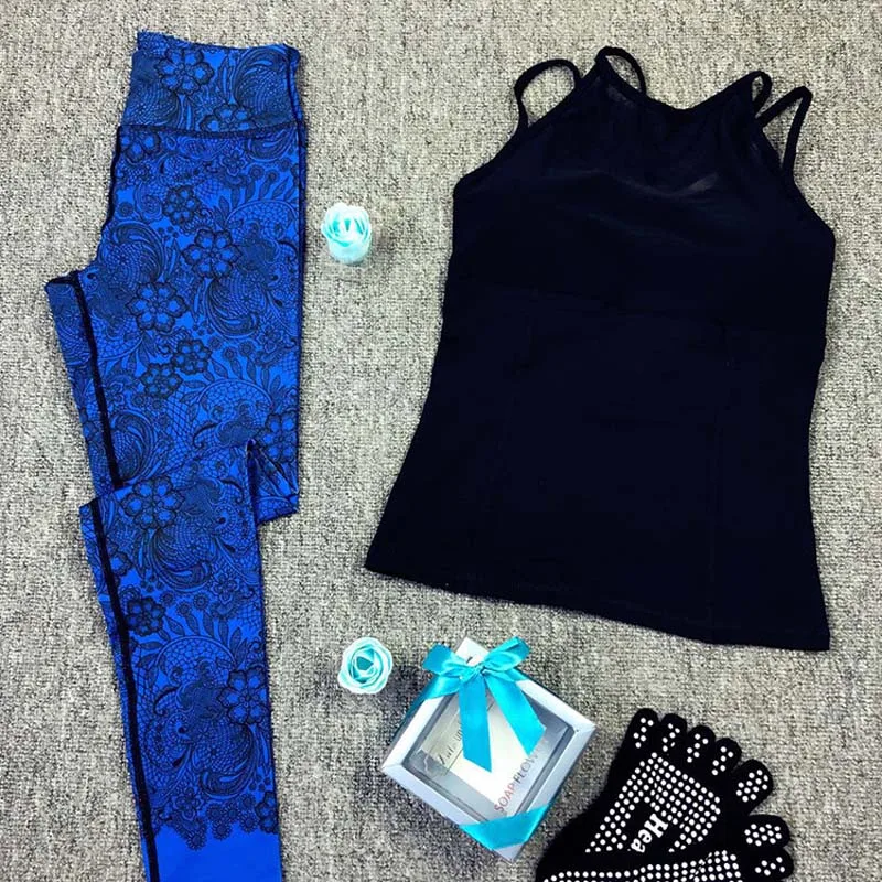 Lace blue suit Спортивный костюм в стиле ретро с цветочным принтом, одежда для фитнеса, женский спортивный костюм, женский сексуальный комплект для бега, йоги, спортивный топ, леггинсы - Цвет: Lace blue suit