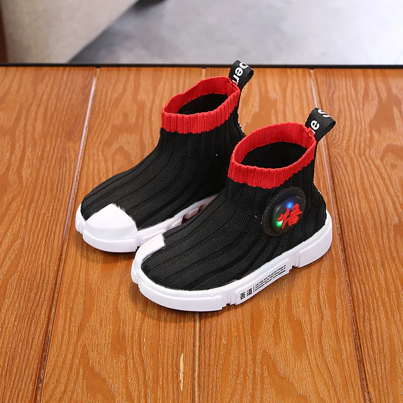 CNFSNJ brand Autumn winter Children's High Top Trainers Shoe Knitted Stocking Boots for Kid Baby Boy Girl Fashion LED Sneakers | Детская