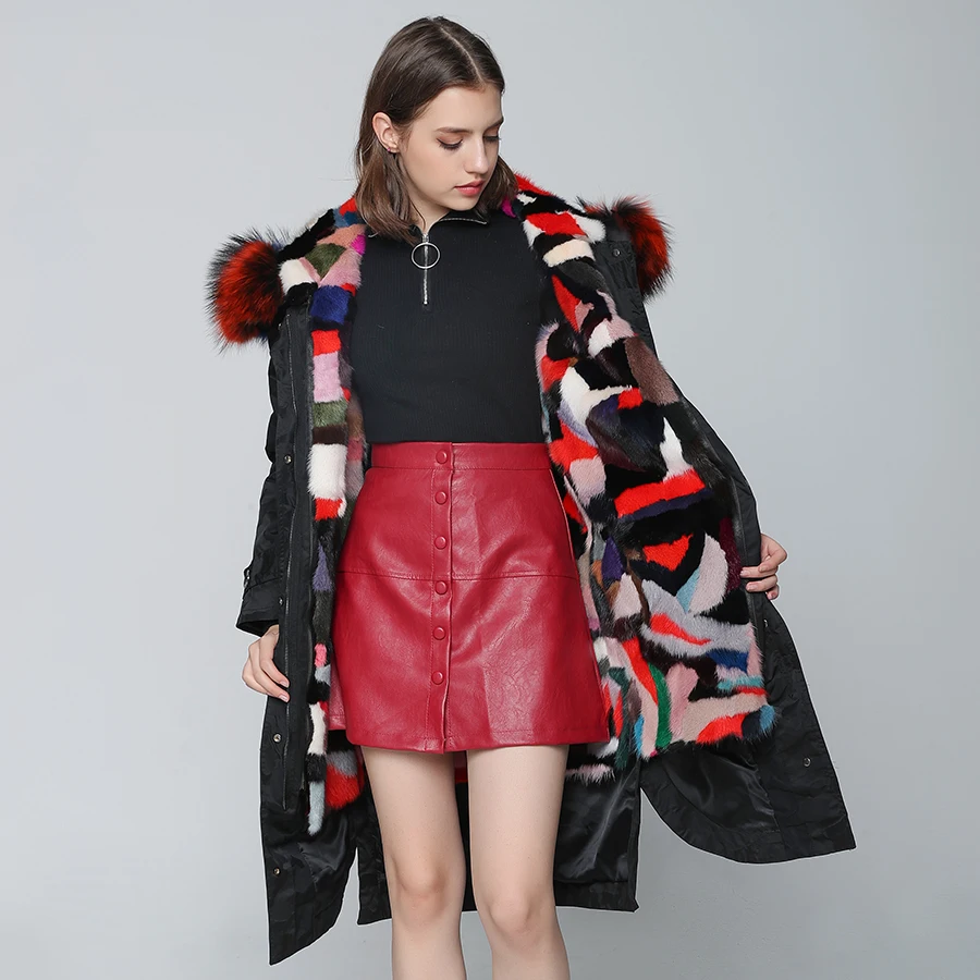 OFTBUY X-длинная Камуфляжная парка, пальто с натуральным мехом, зимняя женская куртка, большой воротник из натурального меха енота, капюшон, подкладка из натурального меха норки