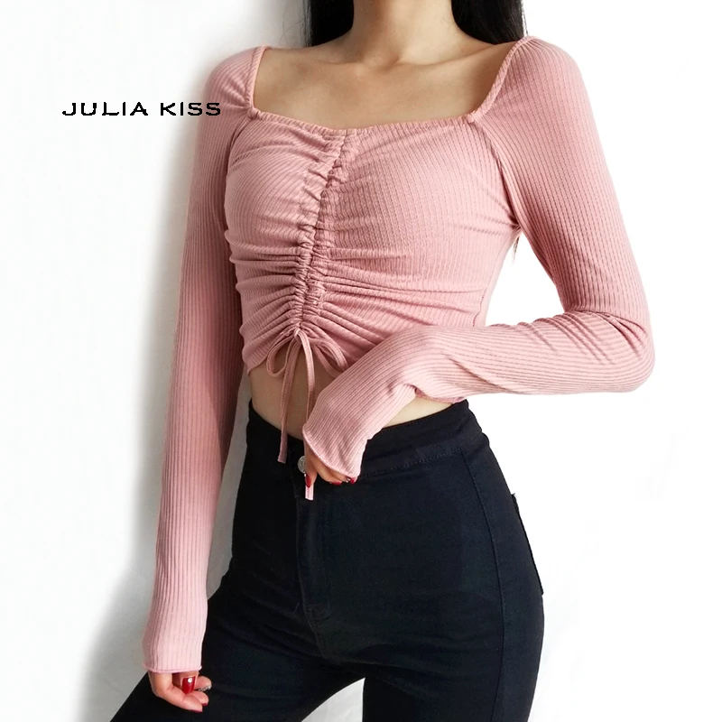 

Women Drawstring Front Square Neck Ribbed Fitted Long Sleeve T-shirt