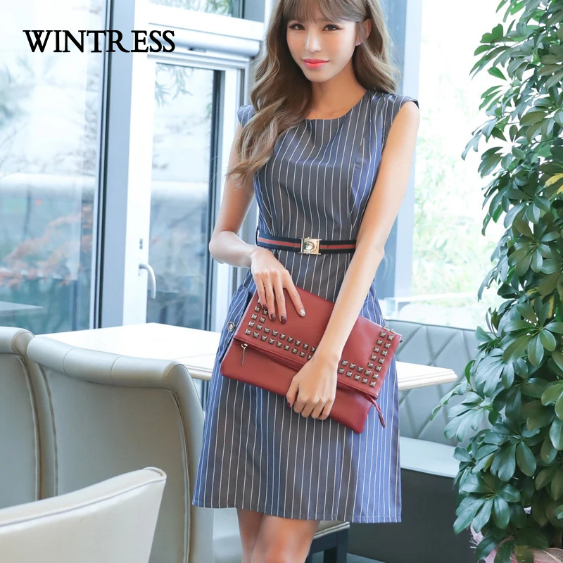 Wintress Высокое качество ПР Женское платье Открыть щель сине-белые в Вертикальную