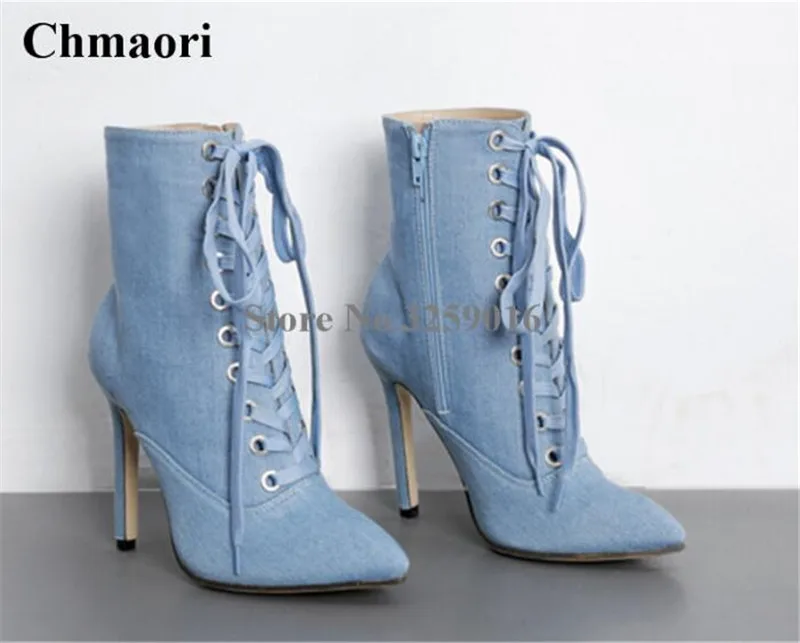 

Женские джинсовые ботинки на шнуровке, синие короткие ботинки-гладиаторы с острым носком, джинсовые ботильоны на тонком каблуке, Уличная об...