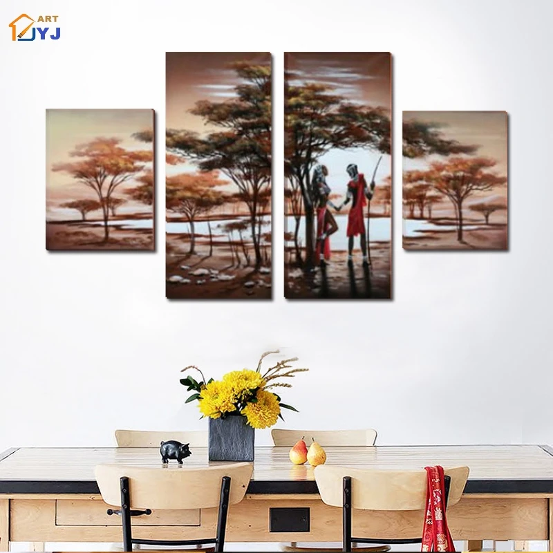 4 панели без рамки Большой Африканский пейзаж картина на стену искусство ручной