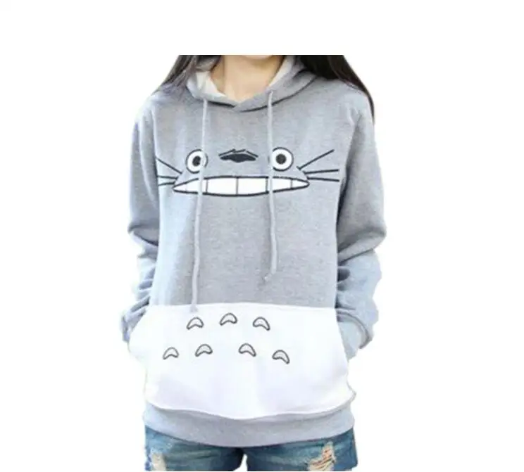 Autumn Unisex Casual Cute Cotton Hoodies Long Sleeve Warm Totoro Print Grey Pullovers Harajuku Style Sweatershirt