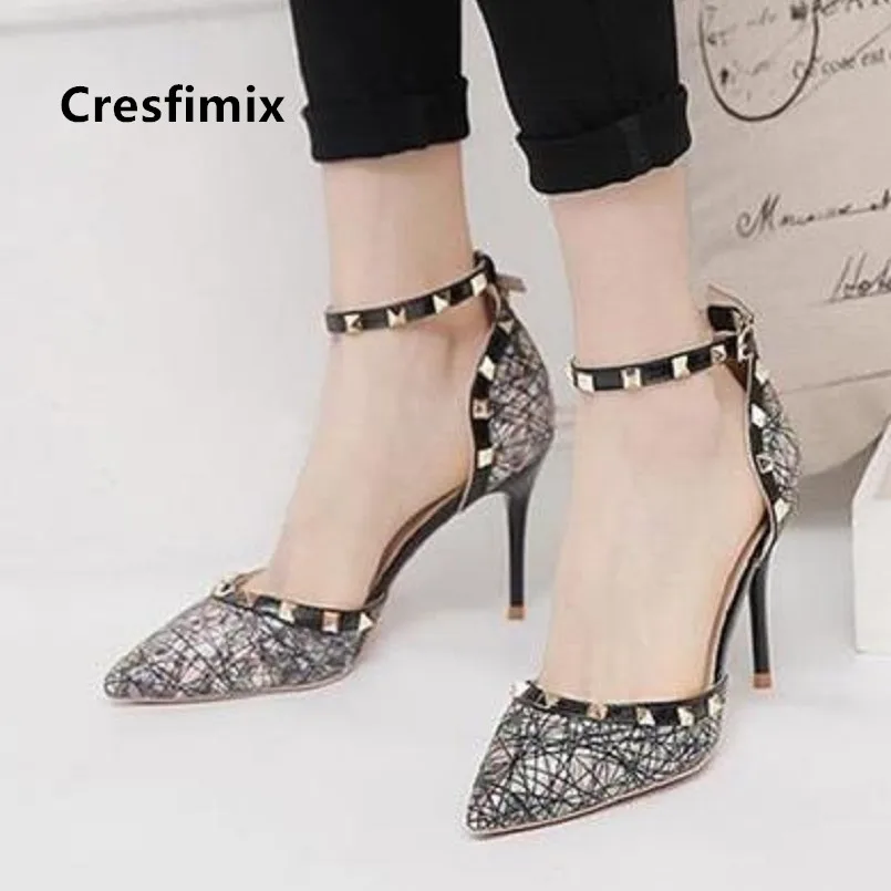 Cresfimix mujer tacones altos для женщин Соблазнительные туфли с серебряными заклепками на