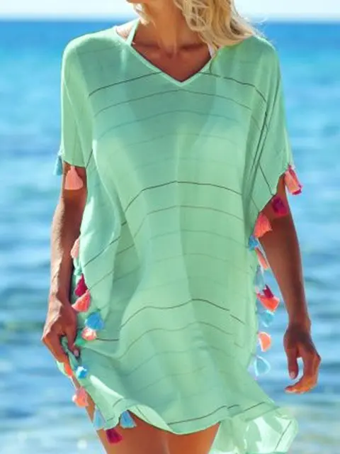 Summer V Neck Women Bath Suit Bikini Striped Swimwear Cover Up Beach Dress Sarong Wrap Pareo Sundress - Цвет: Зеленый