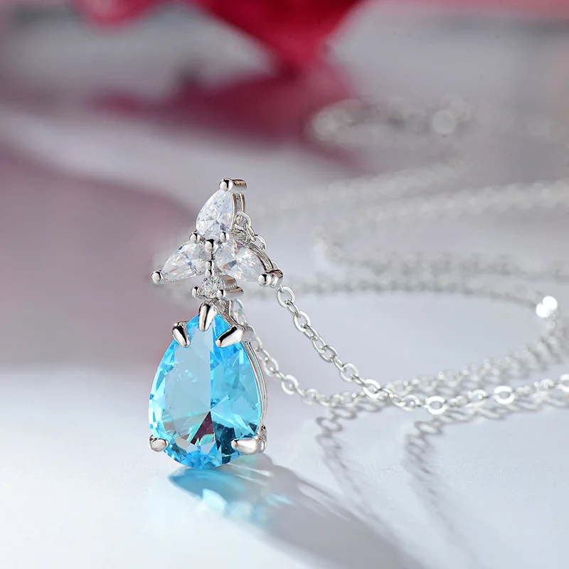 Горячая продажа синий кубический циркон кристалл капли воды кулон ожерелье