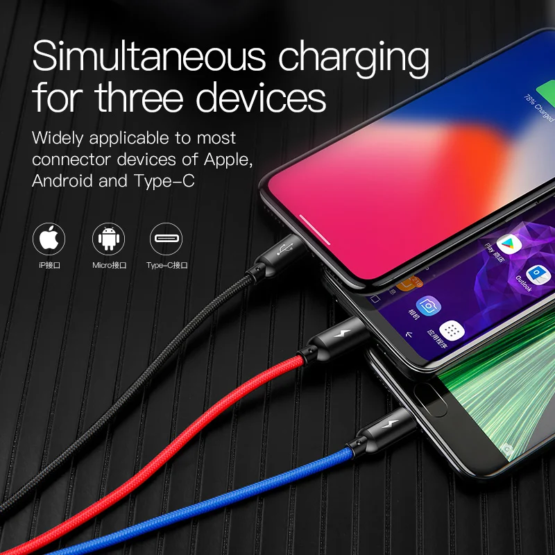 Baseus 3 в 1 USB кабель для iPhone Xs Max Xr X 3.5A зарядное устройство Micro USB кабель type C кабель для Android Мобильный телефон шнур
