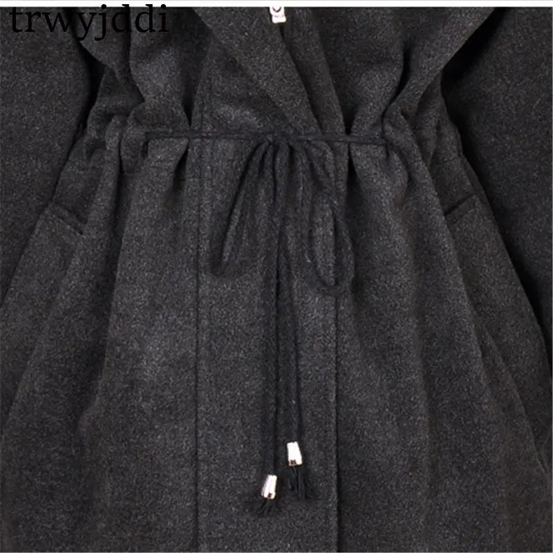 

Plus Size 5XL Autumn Winter Women's Wool Coat Adjustable Waist Hooded Winter Coat Women Woolen Jacket Female Windbreaker A1449