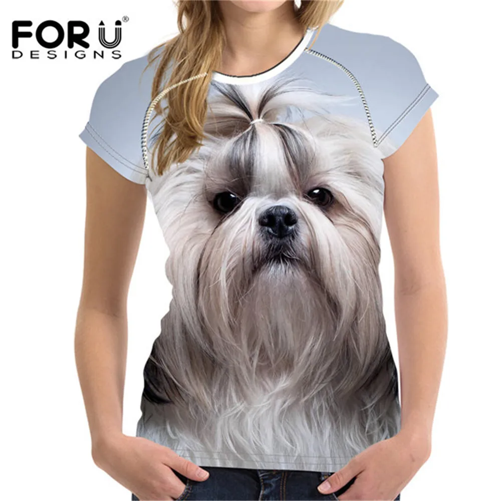 

FORUDESIGNS 2019 Kawaii 3D Shih Tzu собак женская футболка футболки женские топы с круглым вырезом эластичная Женская Базовая рубашка для девочек женская ...