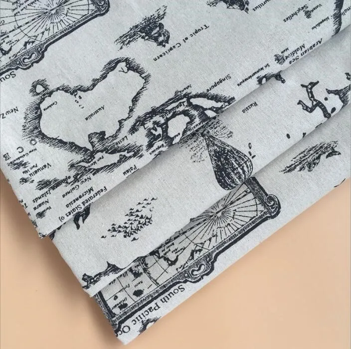 Ткань из льна и хлопка с принтом карты мира ручная печать окрашивание для