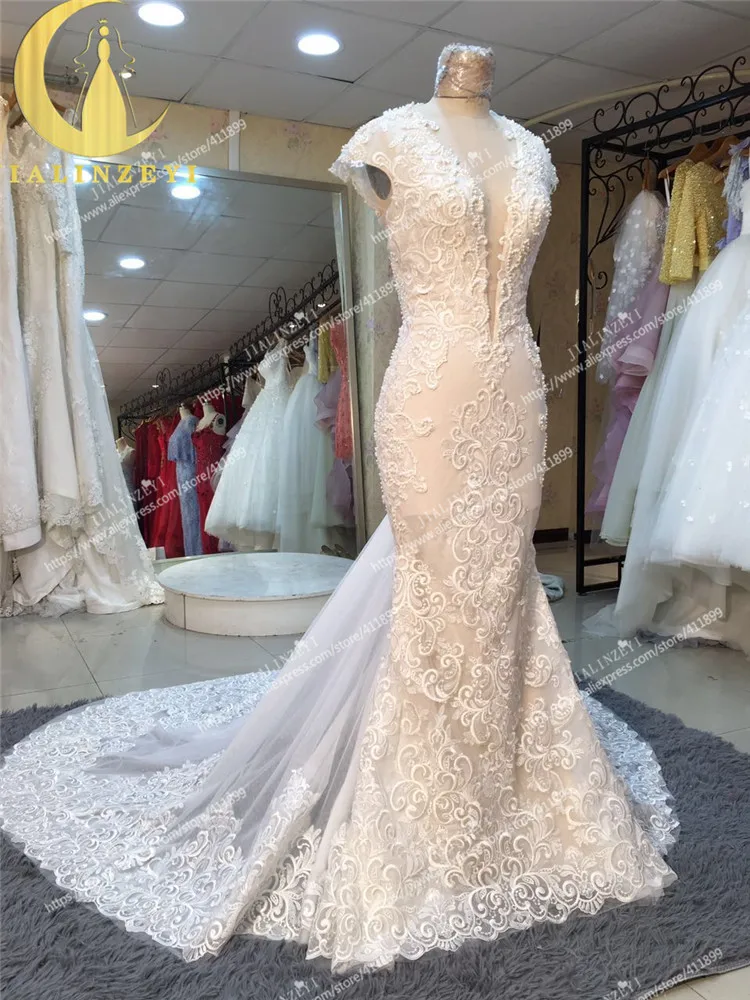 Rhine Real Picture Deep V Neck High quality Mermaid Lace Long Train robe de soiree See Through Sexy Back Bridal Wedding Dresses