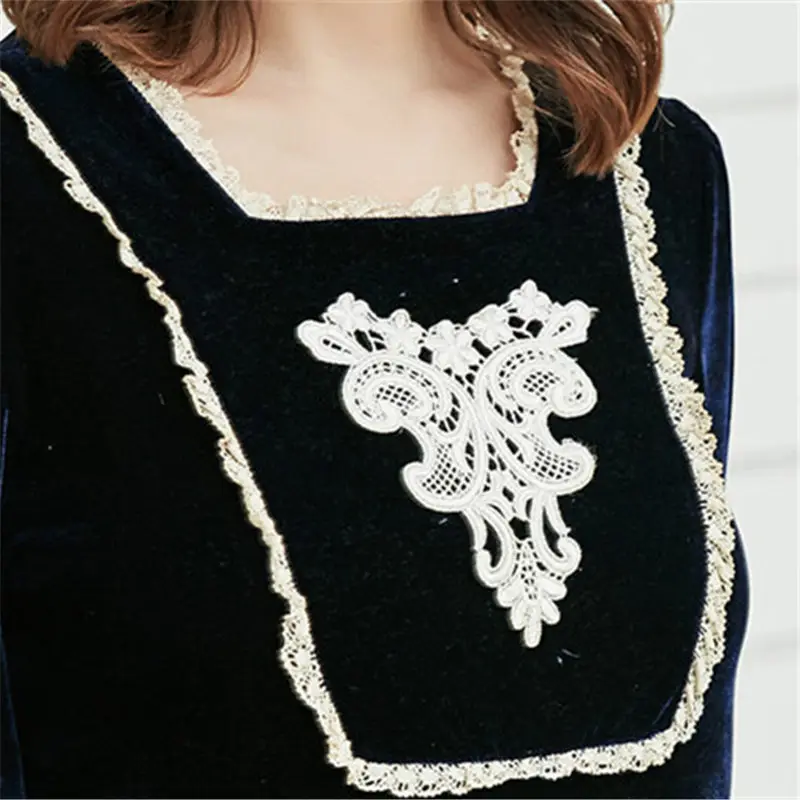 Navy Blue Elegant Square Collar Long Sleeve Velvet Night Dress Vintage Victorian Nightgown Autumn Women Sleepwear Nightwear H778 | Женская