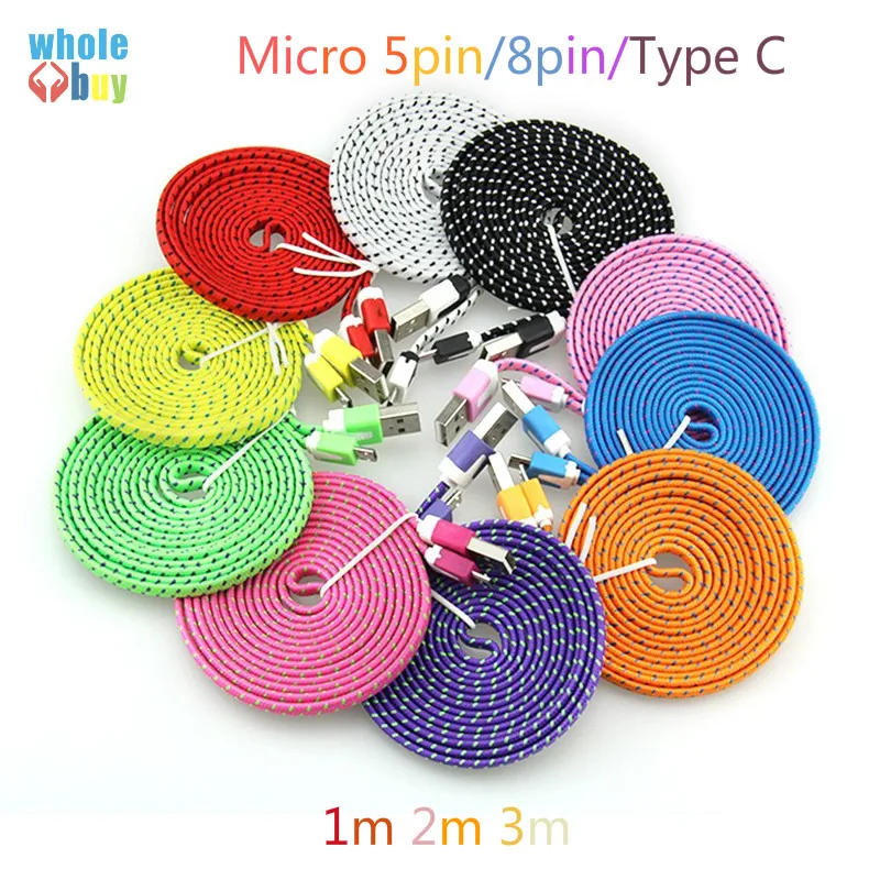 

50pcs/lot Colorful Nylon Flat Noodle Braided Fabric 1m 2m 3m Micro 5pin 8pin Type C Data Sync Charger Cable for Samsung Iphone
