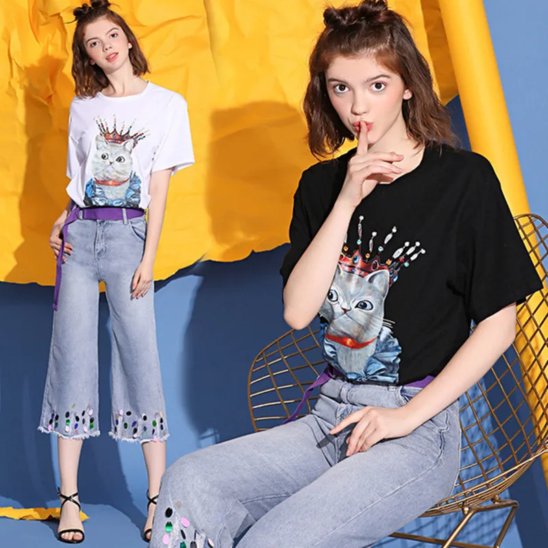 Женский летний комплект из 2 предметов хлопковая Футболка с принтом мультяшного