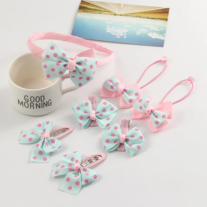 7 pcs light blue Заколка для волос для маленьких девочек; детская корона с бантом; шифоновые Мультяшные зажимы для волос; заколки с помпонами; эластичная резинка для волос - Цвет: 7 pcs light blue