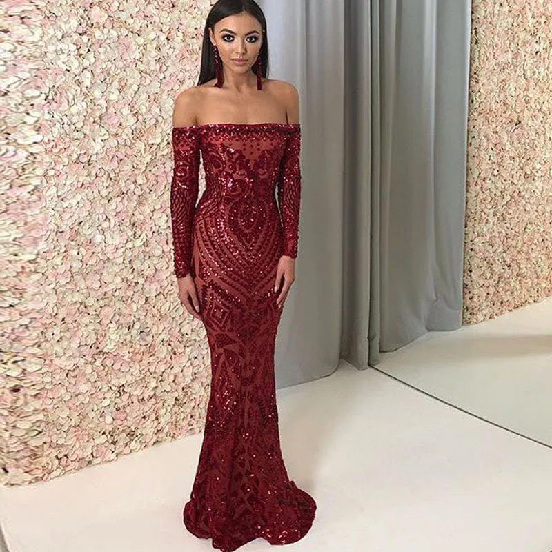 Бургундия сексуальные с плеча Платье блестками Dress тугой длина пола Geometicс