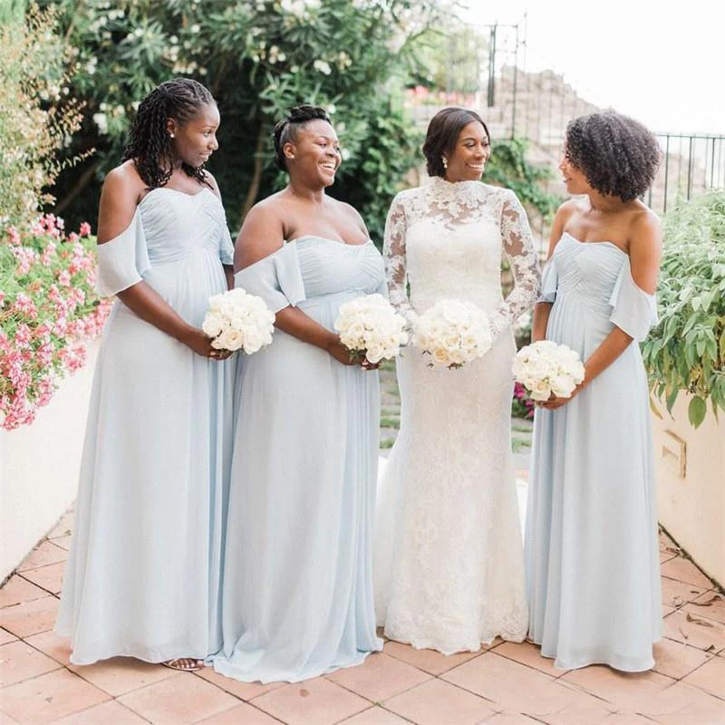 

Plus Size Summer Garden Wedding Bridesmaid Dresses A Line Pleats Off Shoulder Flowy Chiffon Maid of Honor Gowns Cheap Boho Guest