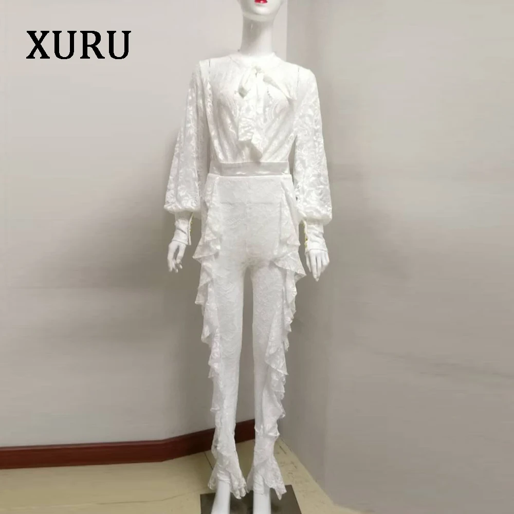 XURU белый кружевной женский комбинезон, сексуальный, прозрачный, с оборками, с бантом, длинный рукав, комбинезон, вечерние, Клубные костюмы
