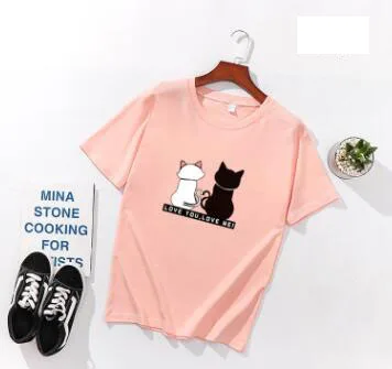 Light pink Женские футболки с принтом "Два кота", весна-лето, короткий рукав, круглый вырез, хлопок, спандекс, женские топы, футболки, облегающие Женские футболки - Цвет: Light pink