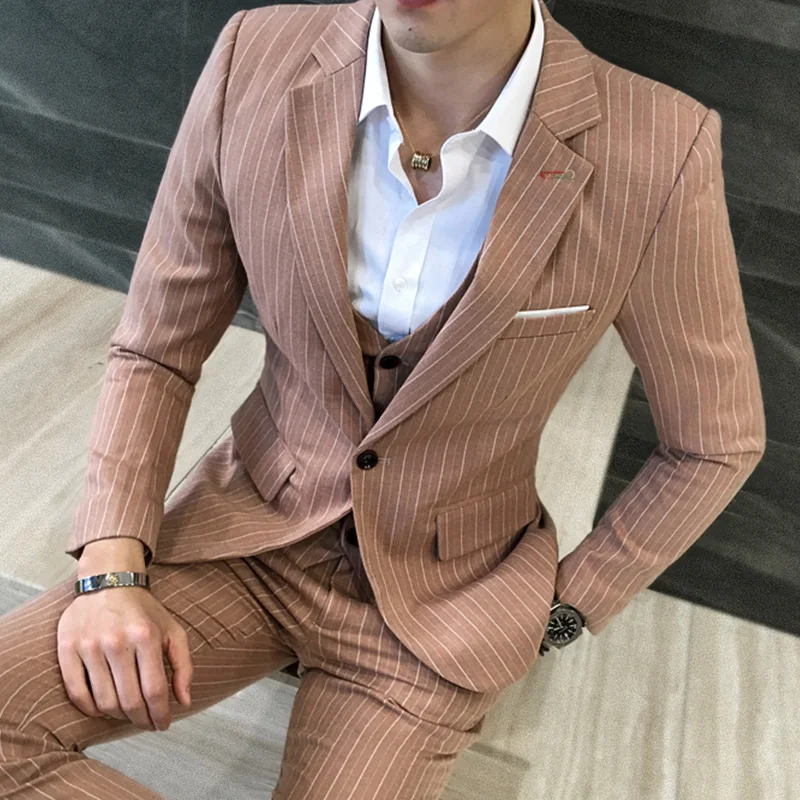 (Jacket+Vest+Pant) Mens Suits Wedding Groom Plus Size 5XL 3 Pieces Set Slim Fit Striped Casual Tuxedo SuitBusiness Dress Suit | Мужская