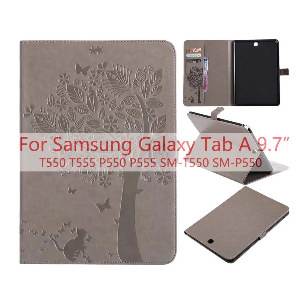 Серый Для samsung Galaxy Tab A 9," T550 T555 P555 чехол 3D тиснение Счастливое дерево из искусственной кожи флип-бумажник оболочка SM-T555 SM-P550 чехол для планшета - Цвет: Серый