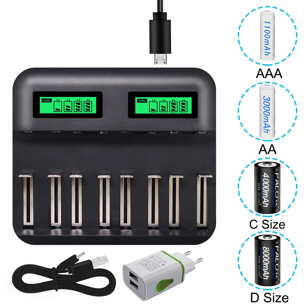 Быстрое зарядное устройство 8-слотовый ЖК-дисплей USB-кабель для AAA AA SC C размер D