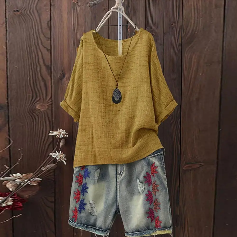 Женская блузка с коротким рукавом Modis Летняя Повседневная из хлопка и льна