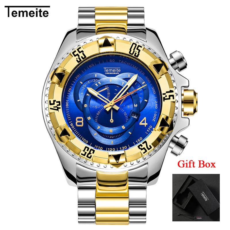 TEMEITE 11 with box Дропшиппинг Temeite мужские часы роскошные золотые часы для мужчин большой циферблат Кварцевые часы Бизнес наручные часы Водонепроницаемый Relogio Masculino - Цвет: TEMEITE 11 with box