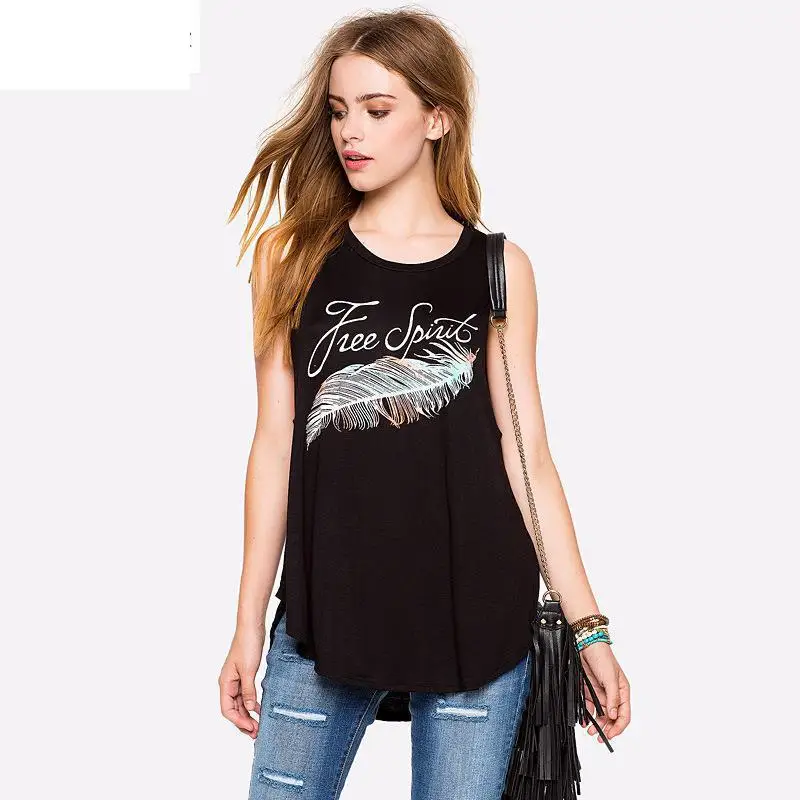 Радость Душу Населения Женщины Топы 2017 Пляж Топ Печатные Буквы Перья Лето