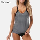 Женский раздельный купальник Charmo, Раздельный купальник Танкини в полоску, купальник с лямкой на шее, бандажный купальник, пляжная одежда