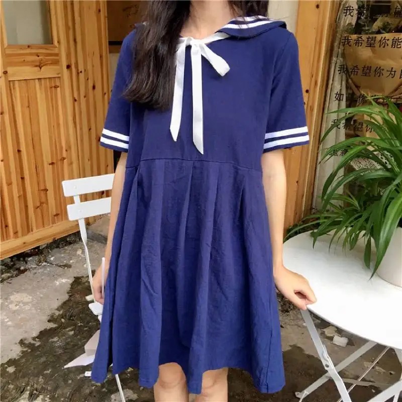 

Japanese Women Lolita Dress Kawaii Soft Sister Sailor Collar Short Sleeve Cosplay College Short Sleeve Bow-knot Dress White