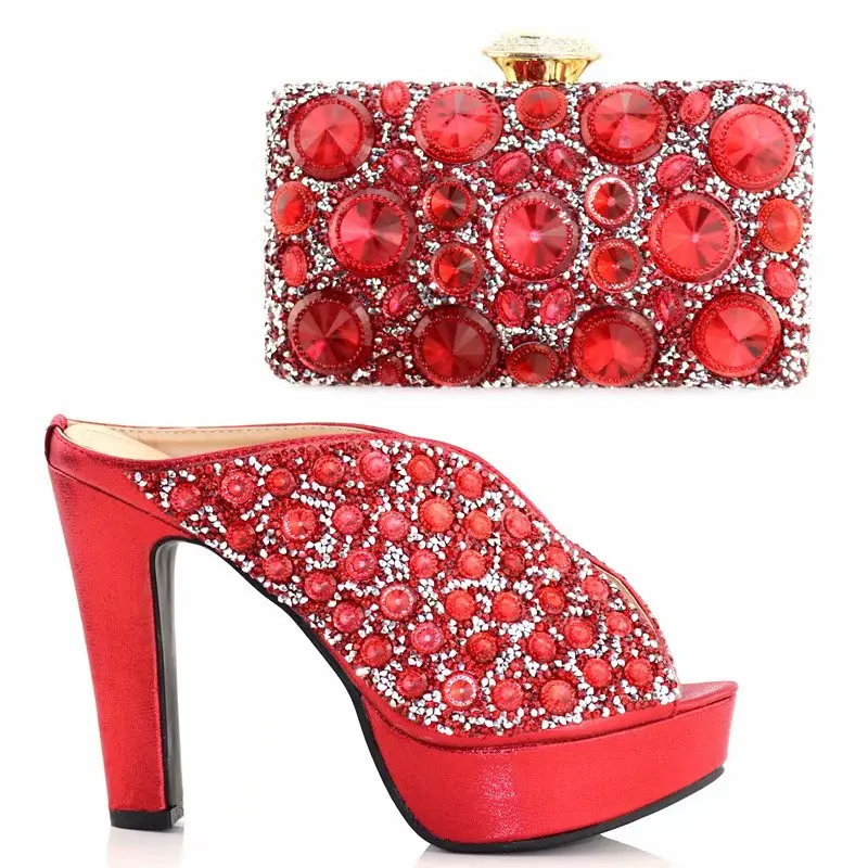 

Gorgeous red women pumps and bag set with big crystal design african shoes match handbag set for dress S999