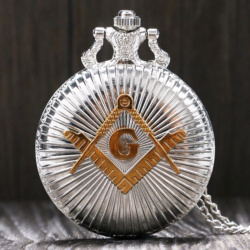 

Antique Pocket Watches Chain Silver Masonic Freemason Freemasonry Theme Necklace Pendant Quartz Fob Watch Gifts
