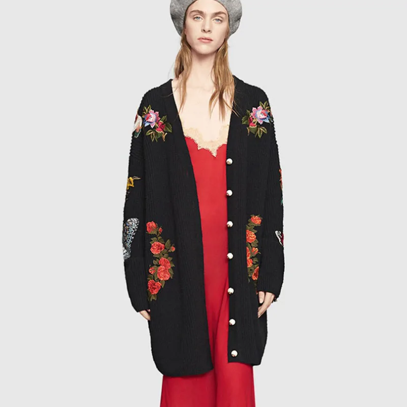 Runway Women Embroidery Tiger Jacket Black Long Sweater Cardigans 2018 Autumn Winter Lady Vintage Jumper Coat Clothing |