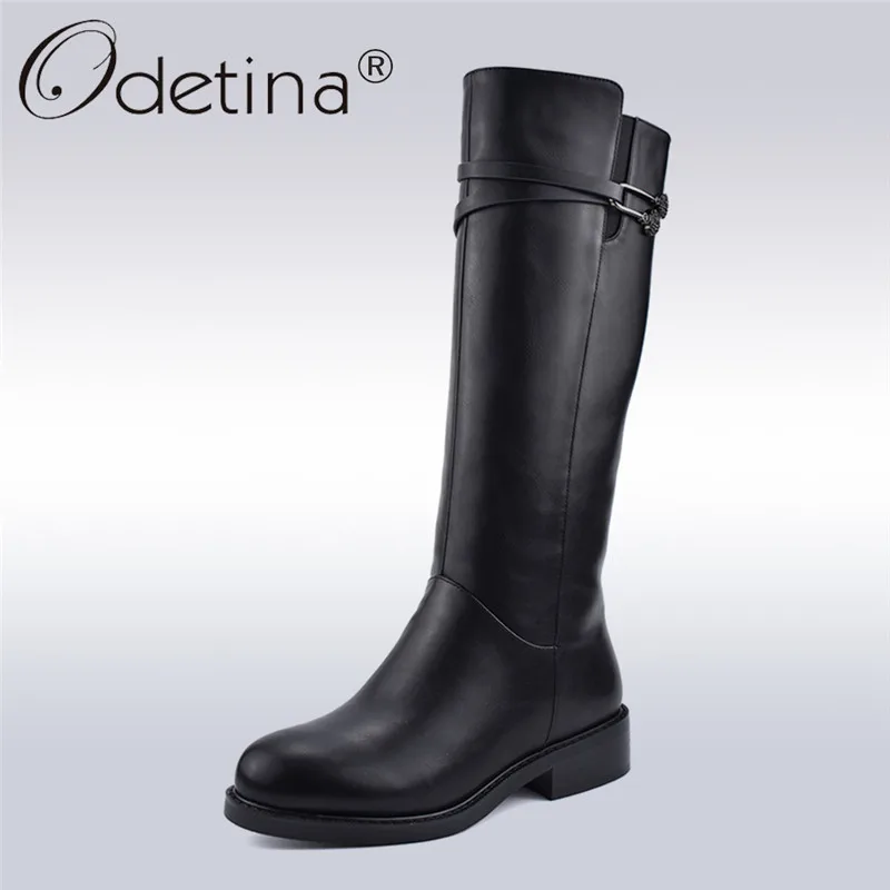 Odetina/Новые модные зимние черные женские сапоги для верховой езды до колена на не