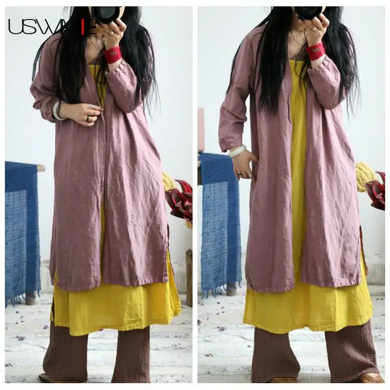 

USWMIE 2020 Summer Women Blouses Literature Joker V-neck Solid Color Long Sleeve Comfort Shirt Long Pattern Plus Size Flax Tops