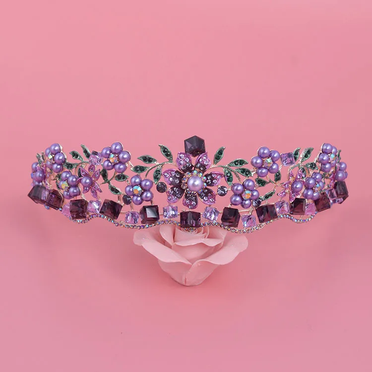 Свадебная диадема для волос роскошная тиара в барочном стиле с фиолетовым