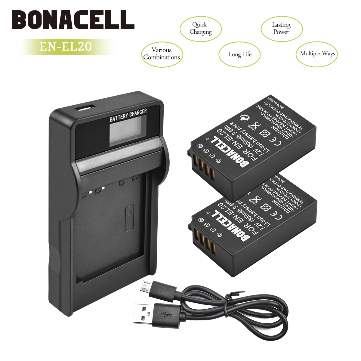 Bonacell 7,2 V 1300mAh EN-EL20 EN EL20 ENEL20 Аккумулятор для камеры+ ЖК-зарядное устройство для цифровой камеры Nikon EN-EL20a 1 J1 J2 J3 S1 L10 - Цвет: 2X Battery Charger