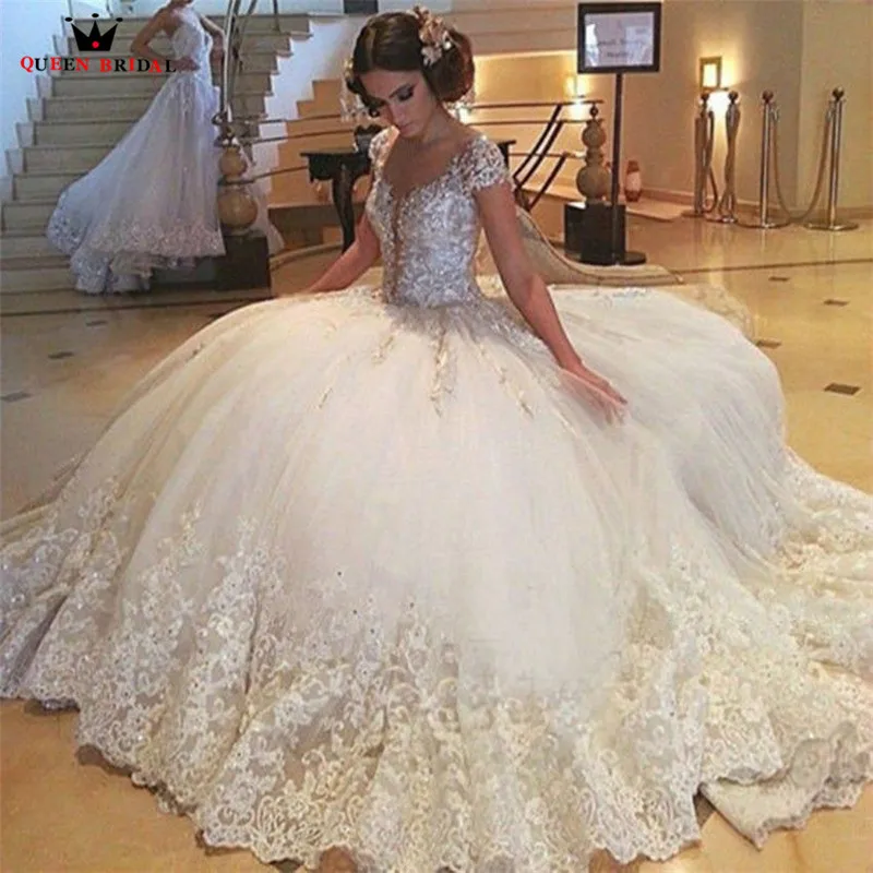 

Custom Made Ball Gown Short Sleeve Fluffy Tulle Lace Beaded Crystal Luxury Vintage Wedding Dresses 2021 New Bridal Gown NY33