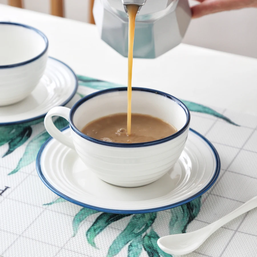 MUZITY Ceramic Coffee Cup and Saucer Thread Design with Dark Blue Line Porcelain Tea Set Drinkware | Дом и сад