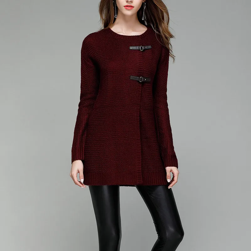 Женский осенний свитер кардиганы Fincati 2017 длинный рукав круглый вырез кожаная