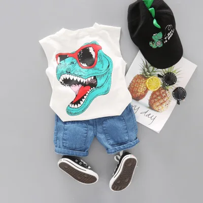 Армейский зеленый Toddler Boy Clothes Children's Summer New Cartoon Pullover Vest Shorts Two-piece Boy's Children's Sleeveless Vest Suit - Цвет: Армейский зеленый