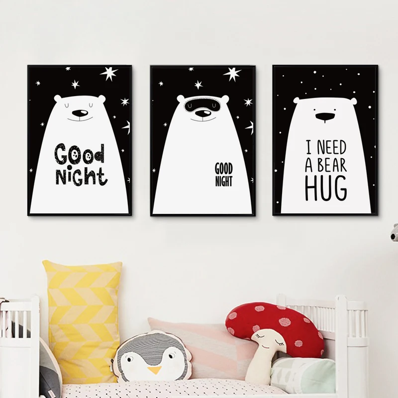 Черный и белый Медведь Goodnight A2 A3 A4 холст живопись художественный принт постер